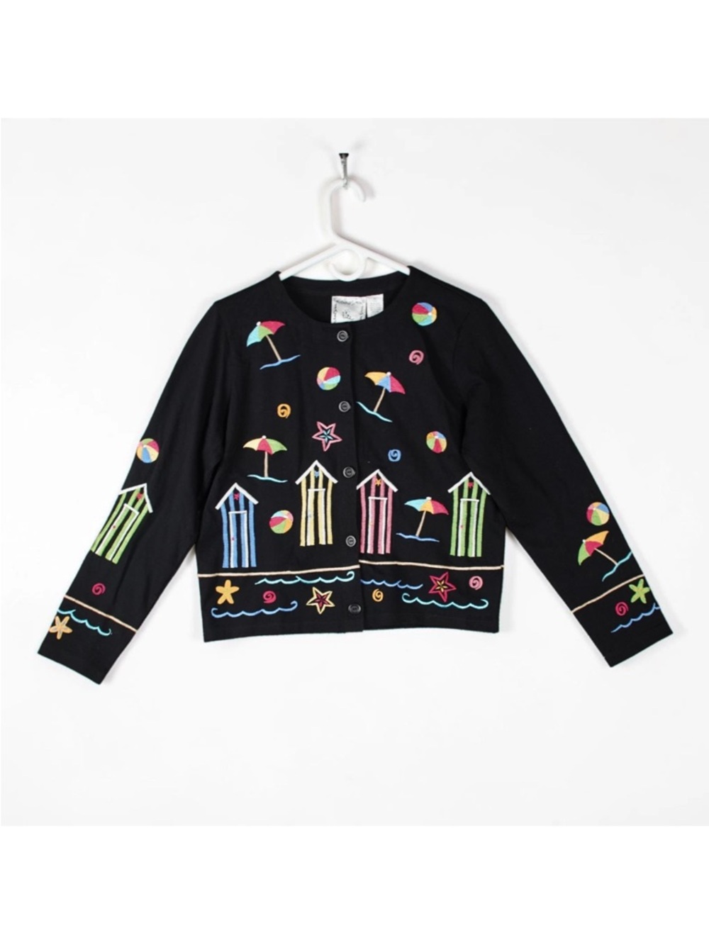 Michael Simon Cardigan Womens Size S Black Embroidered Beach Cabana Cotton NWT